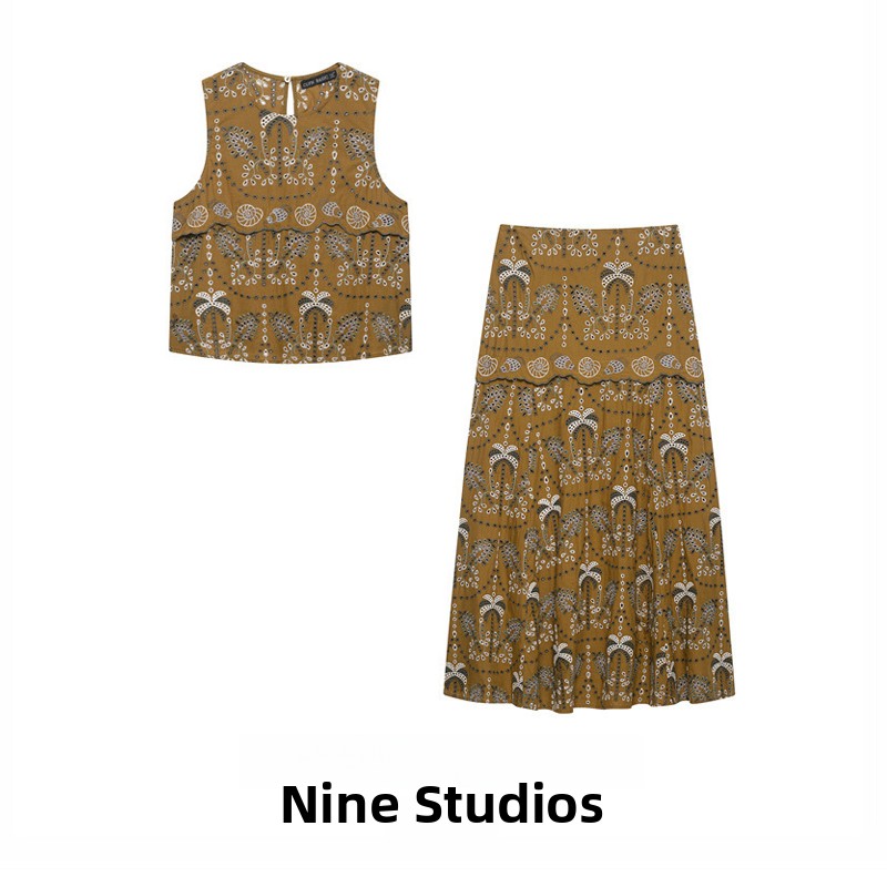 Midi Skirt Floral - NINE ZAR damesmode set, mouwloos vest,